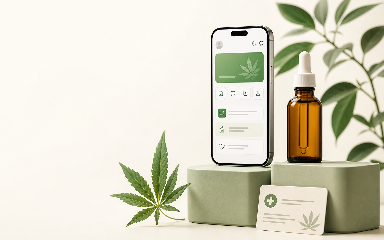 Aplicativo CanVita com interface de consulta médica, ao lado de frasco de produto medicinal e folha de planta